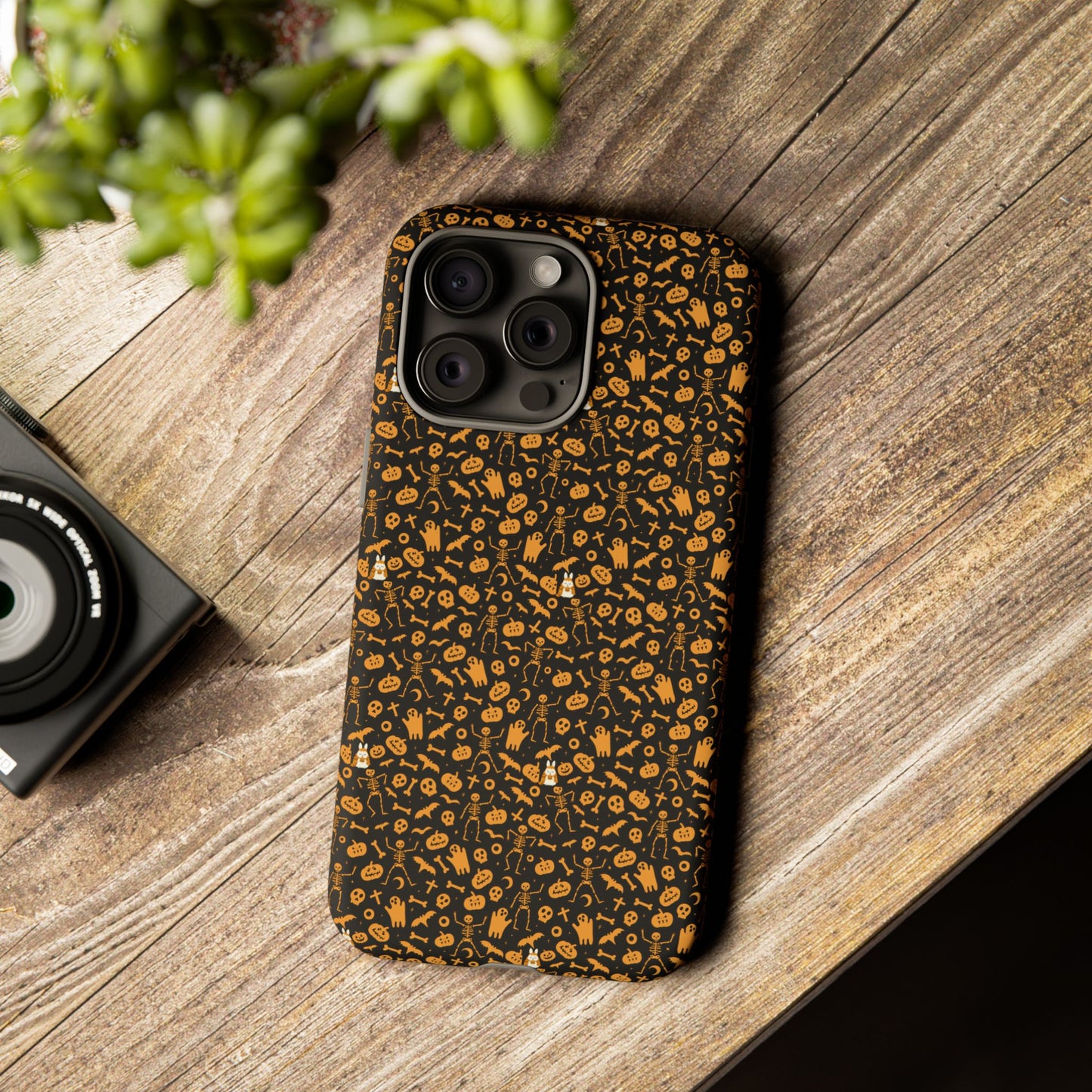 Spooky Icons Halloween Hard Phone Case – Glossy Orange & Black Pumpkin Ghost Pattern, Protective Fall Aesthetic