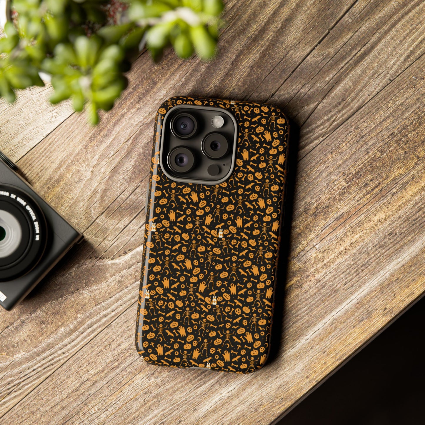 Spooky Icons Halloween Hard Phone Case – Glossy Orange & Black Pumpkin Ghost Pattern, Protective Fall Aesthetic