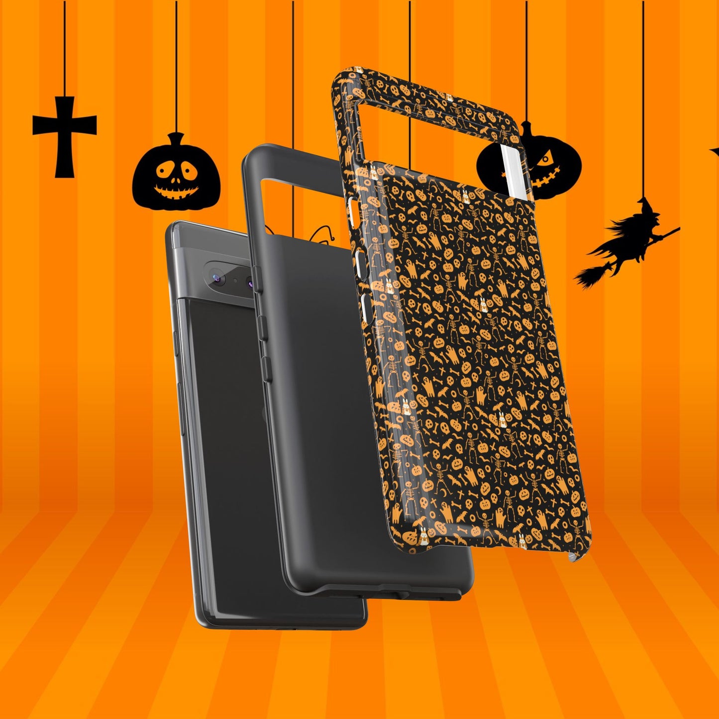 Spooky Icons Halloween Hard Phone Case – Glossy Orange & Black Pumpkin Ghost Pattern, Protective Fall Aesthetic