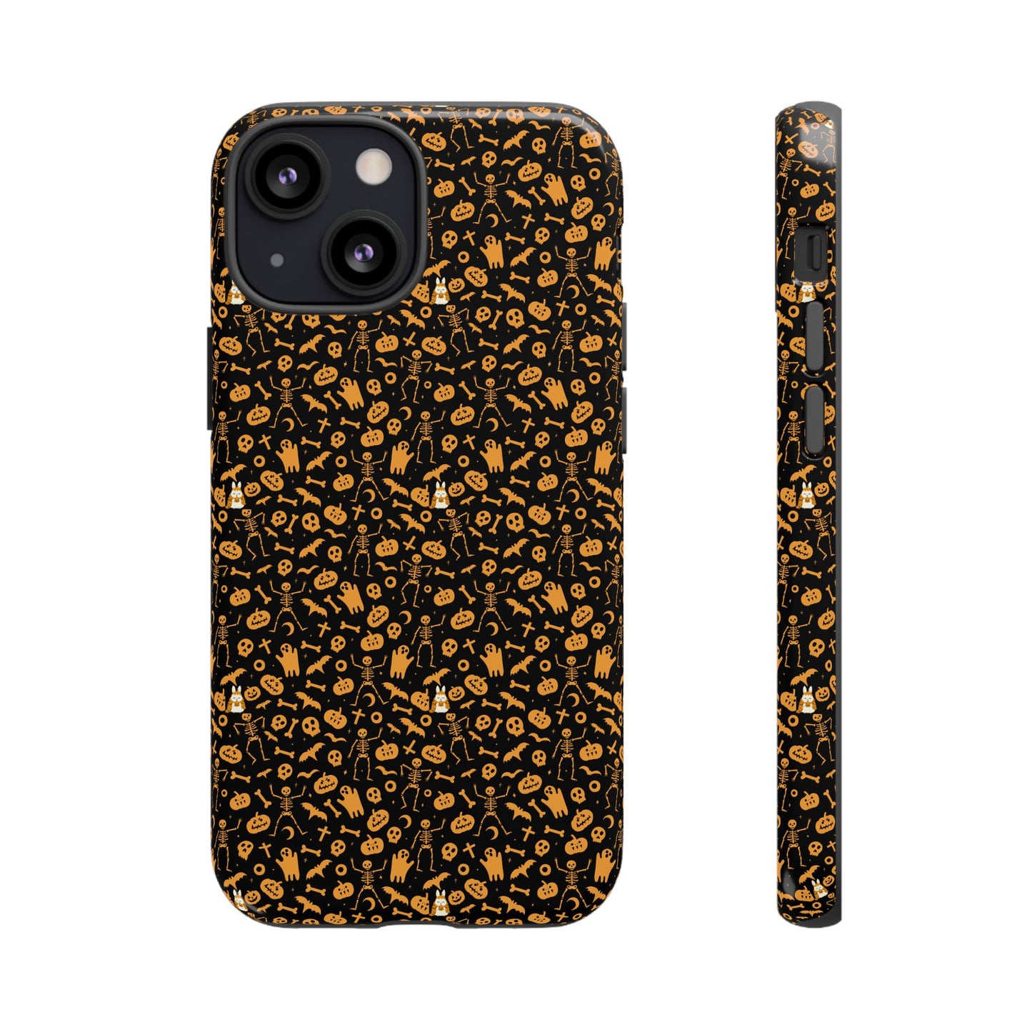 Spooky Icons Halloween Hard Phone Case – Glossy Orange & Black Pumpkin Ghost Pattern, Protective Fall Aesthetic