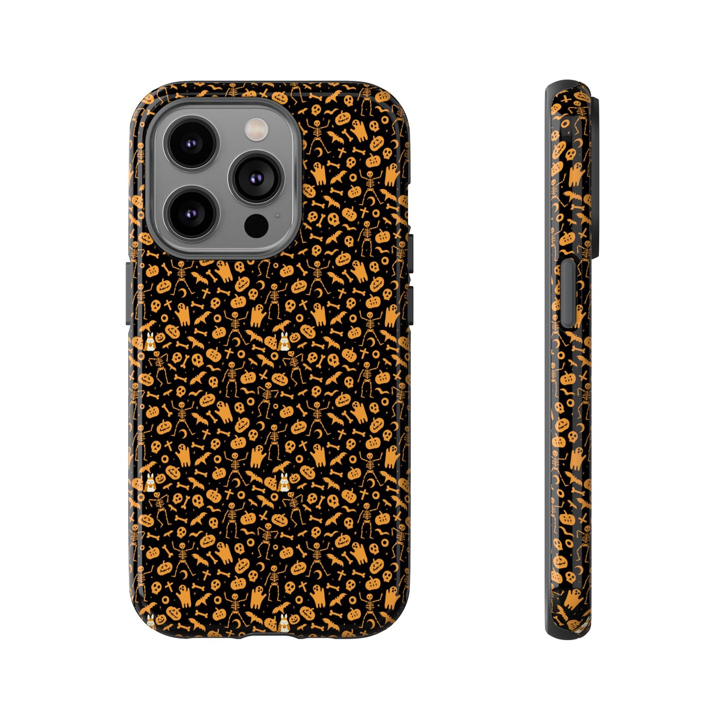 Spooky Icons Halloween Hard Phone Case – Glossy Orange & Black Pumpkin Ghost Pattern, Protective Fall Aesthetic