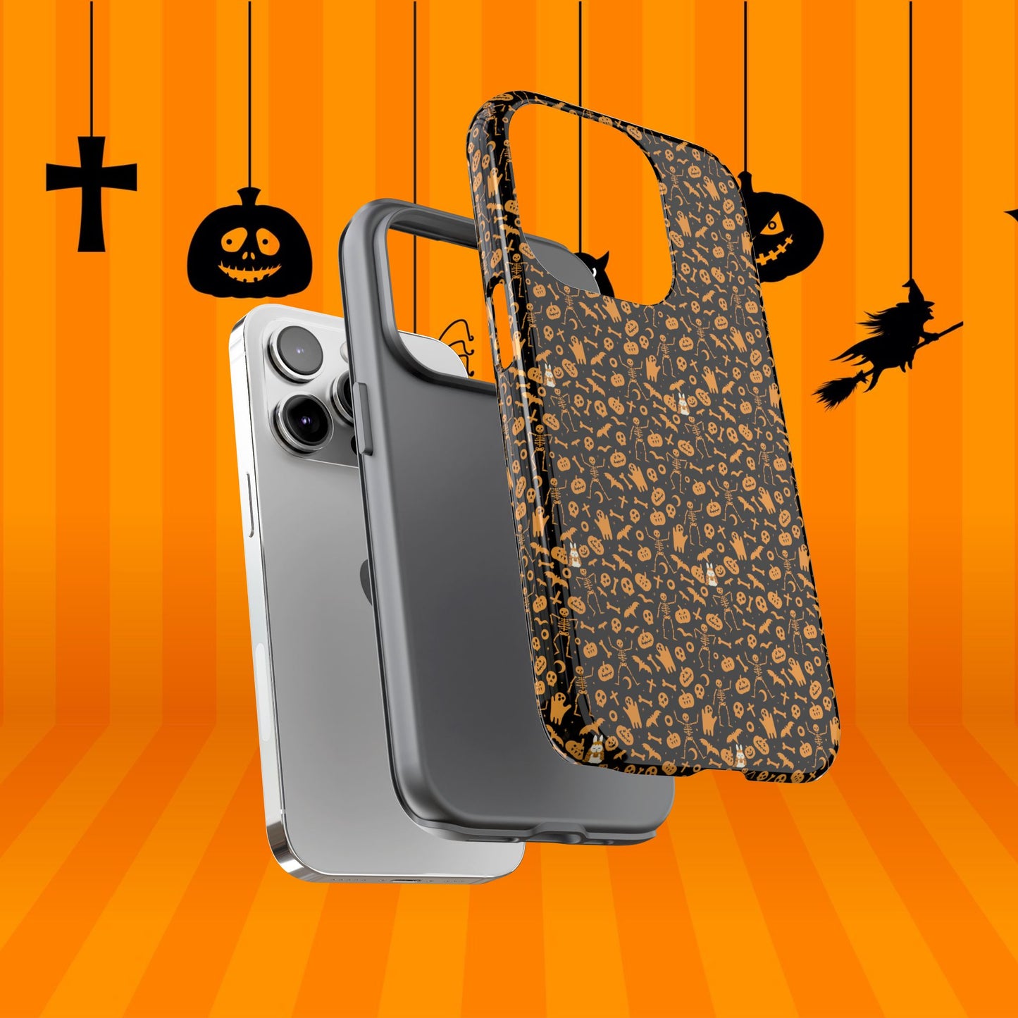 Spooky Icons Halloween Hard Phone Case – Glossy Orange & Black Pumpkin Ghost Pattern, Protective Fall Aesthetic