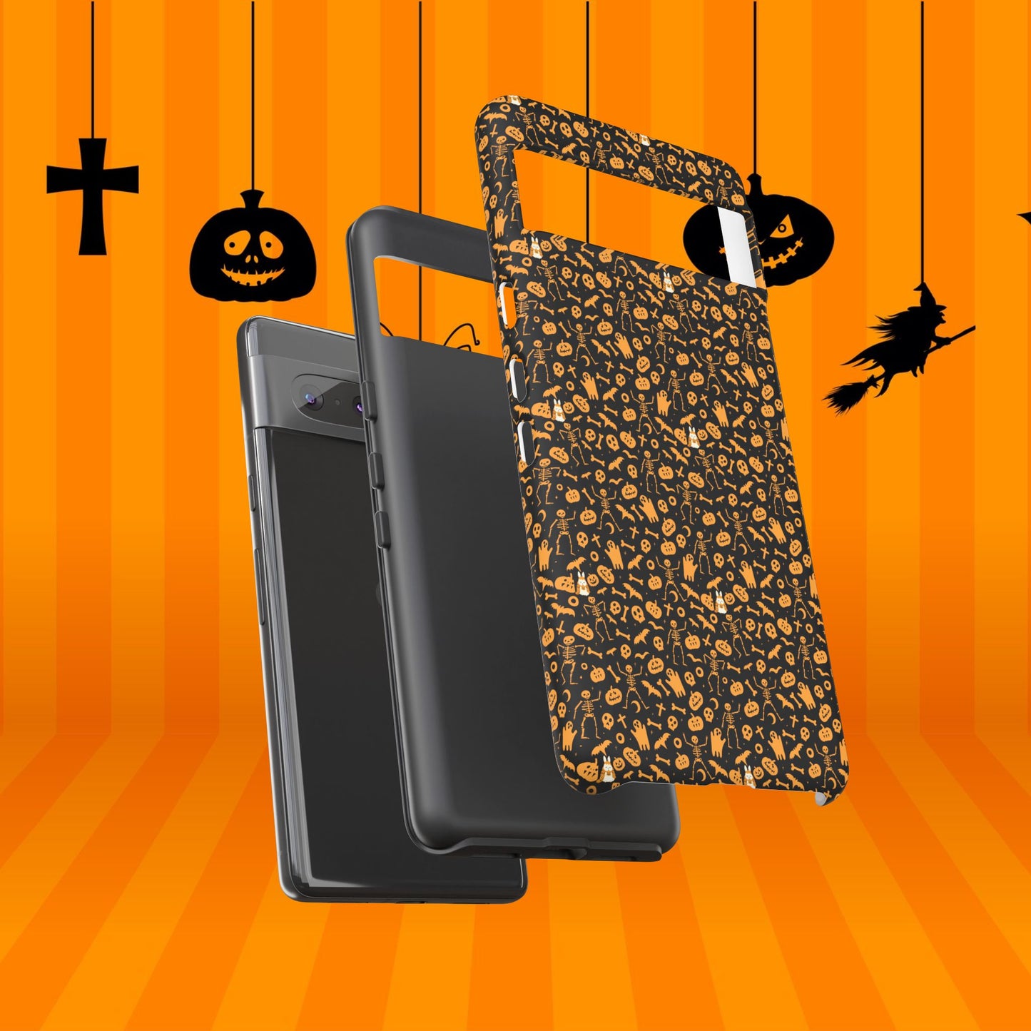 Spooky Icons Halloween Hard Phone Case – Glossy Orange & Black Pumpkin Ghost Pattern, Protective Fall Aesthetic
