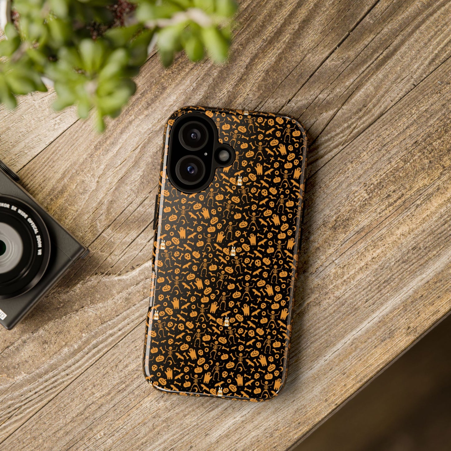 Spooky Icons Halloween Hard Phone Case – Glossy Orange & Black Pumpkin Ghost Pattern, Protective Fall Aesthetic