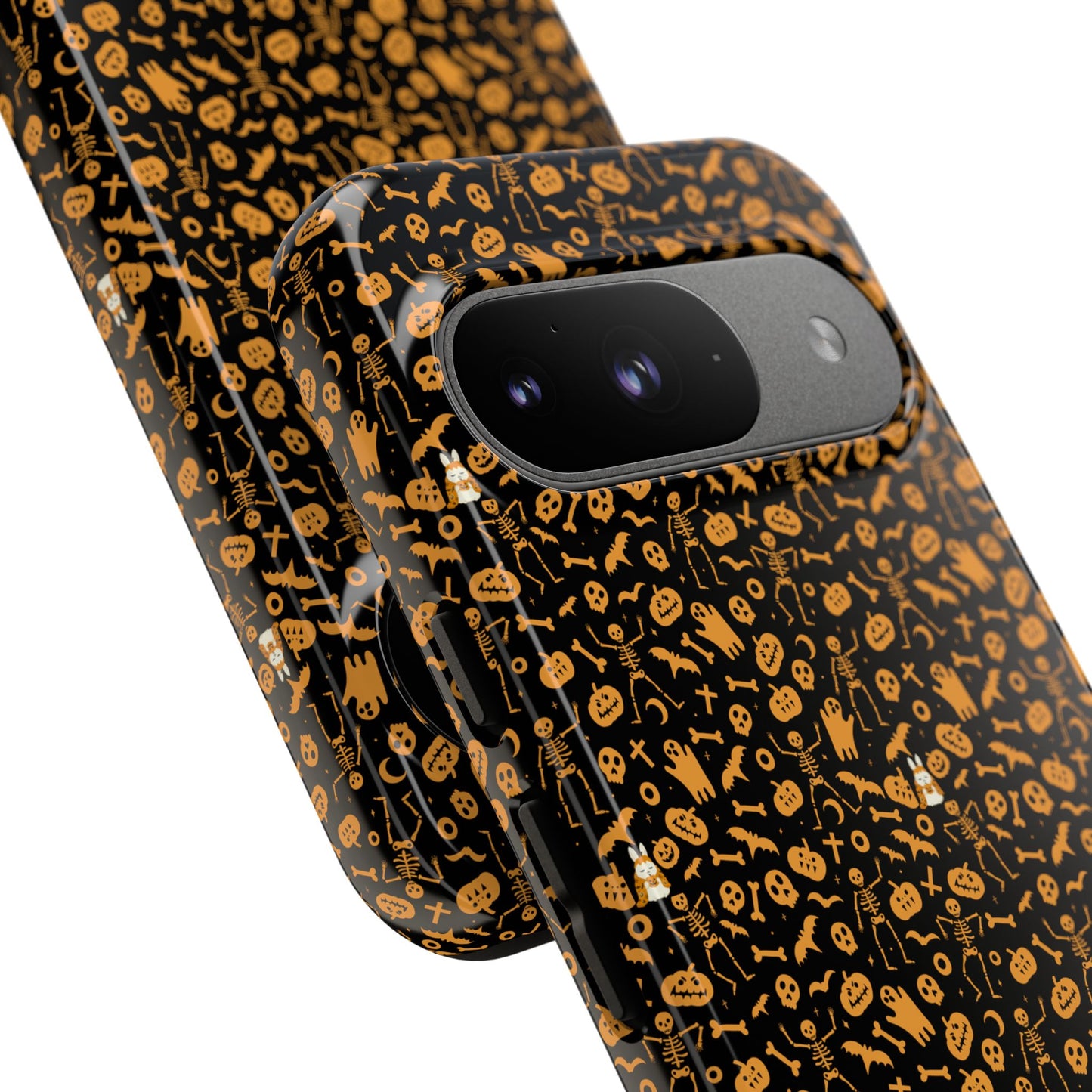 Spooky Icons Halloween Hard Phone Case – Glossy Orange & Black Pumpkin Ghost Pattern, Protective Fall Aesthetic