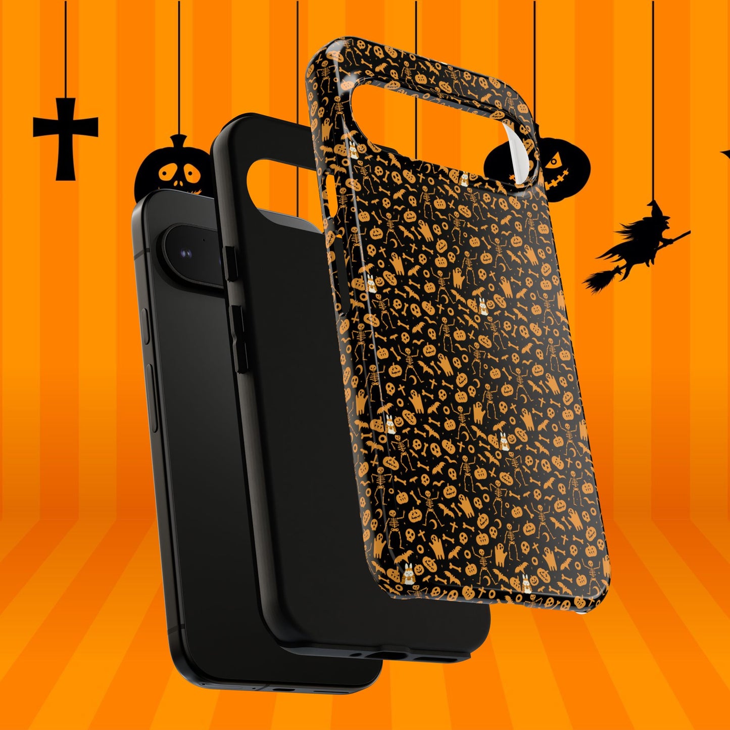 Spooky Icons Halloween Hard Phone Case – Glossy Orange & Black Pumpkin Ghost Pattern, Protective Fall Aesthetic