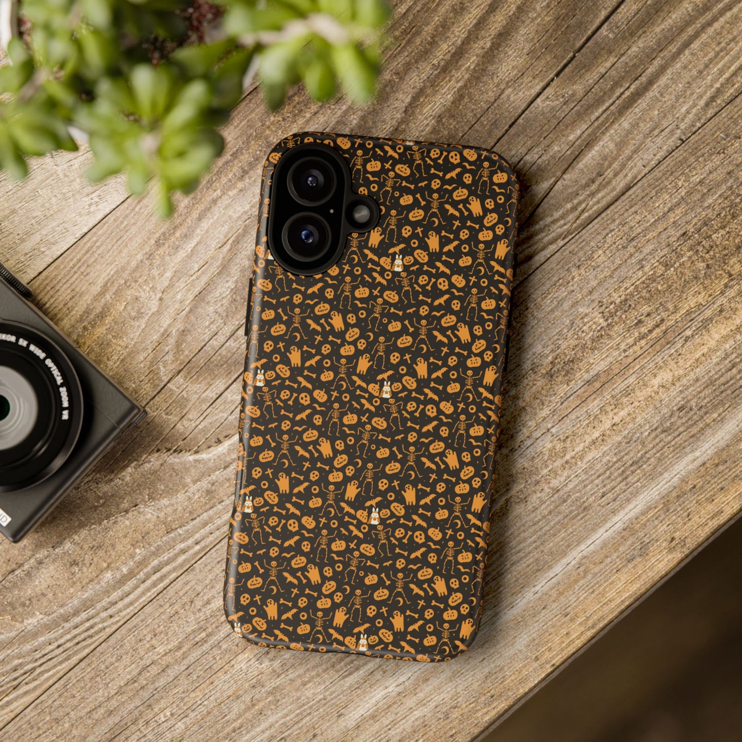 Spooky Icons Halloween Hard Phone Case – Glossy Orange & Black Pumpkin Ghost Pattern, Protective Fall Aesthetic