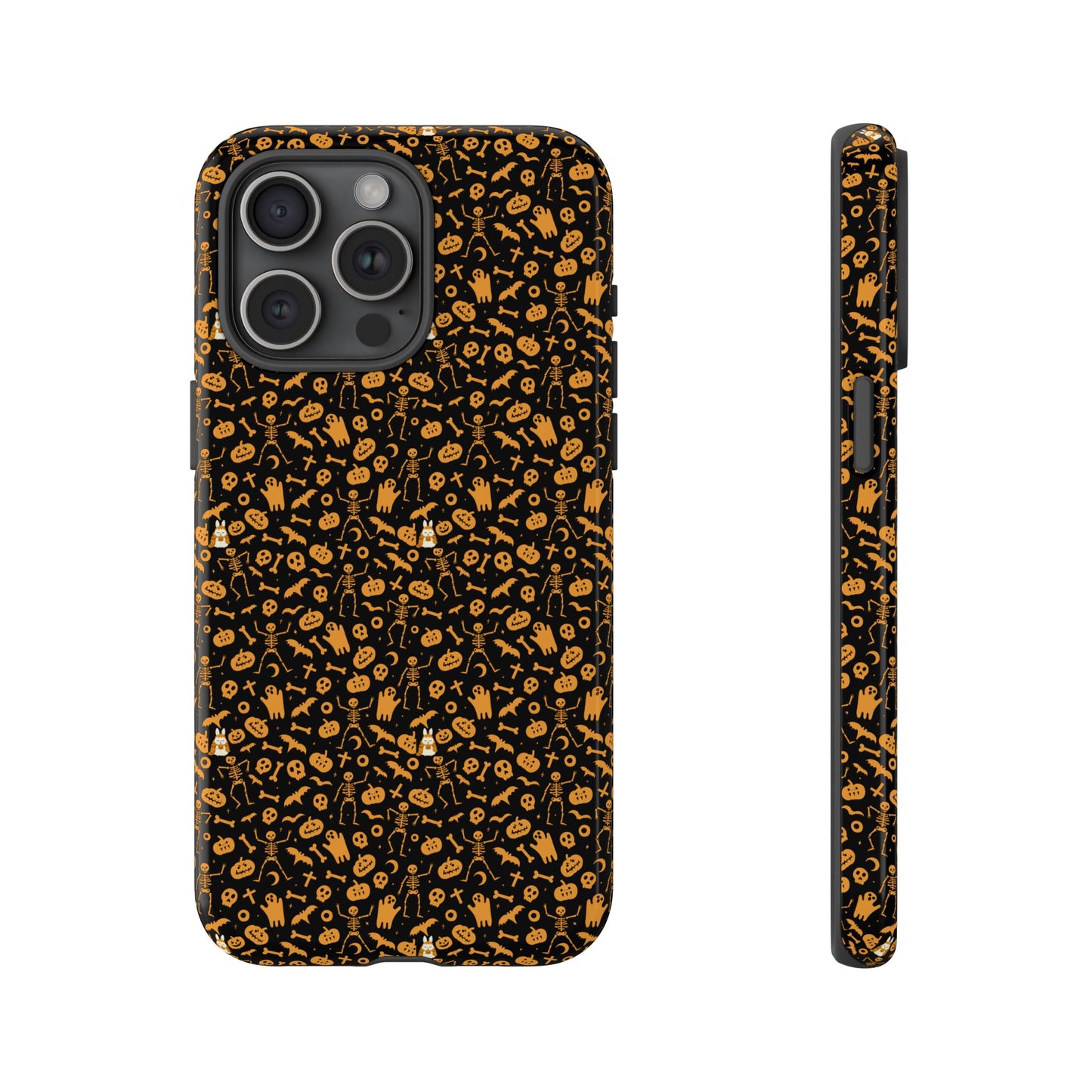 Spooky Icons Halloween Hard Phone Case – Glossy Orange & Black Pumpkin Ghost Pattern, Protective Fall Aesthetic