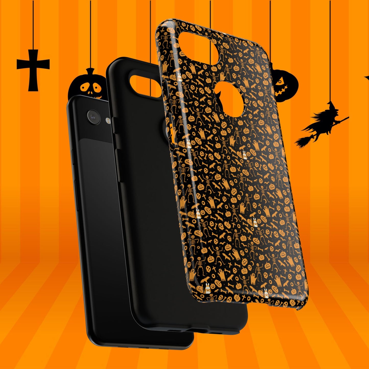 Spooky Icons Halloween Hard Phone Case – Glossy Orange & Black Pumpkin Ghost Pattern, Protective Fall Aesthetic