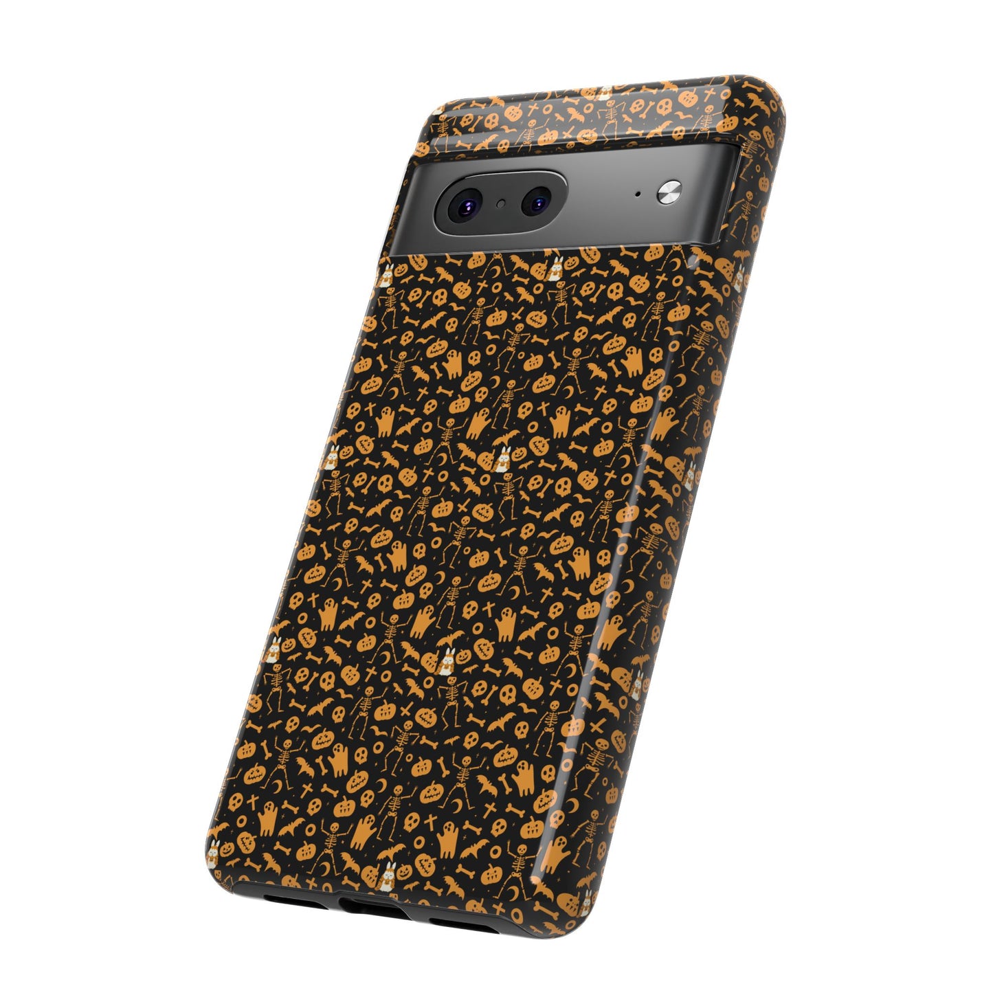 Spooky Icons Halloween Hard Phone Case – Glossy Orange & Black Pumpkin Ghost Pattern, Protective Fall Aesthetic