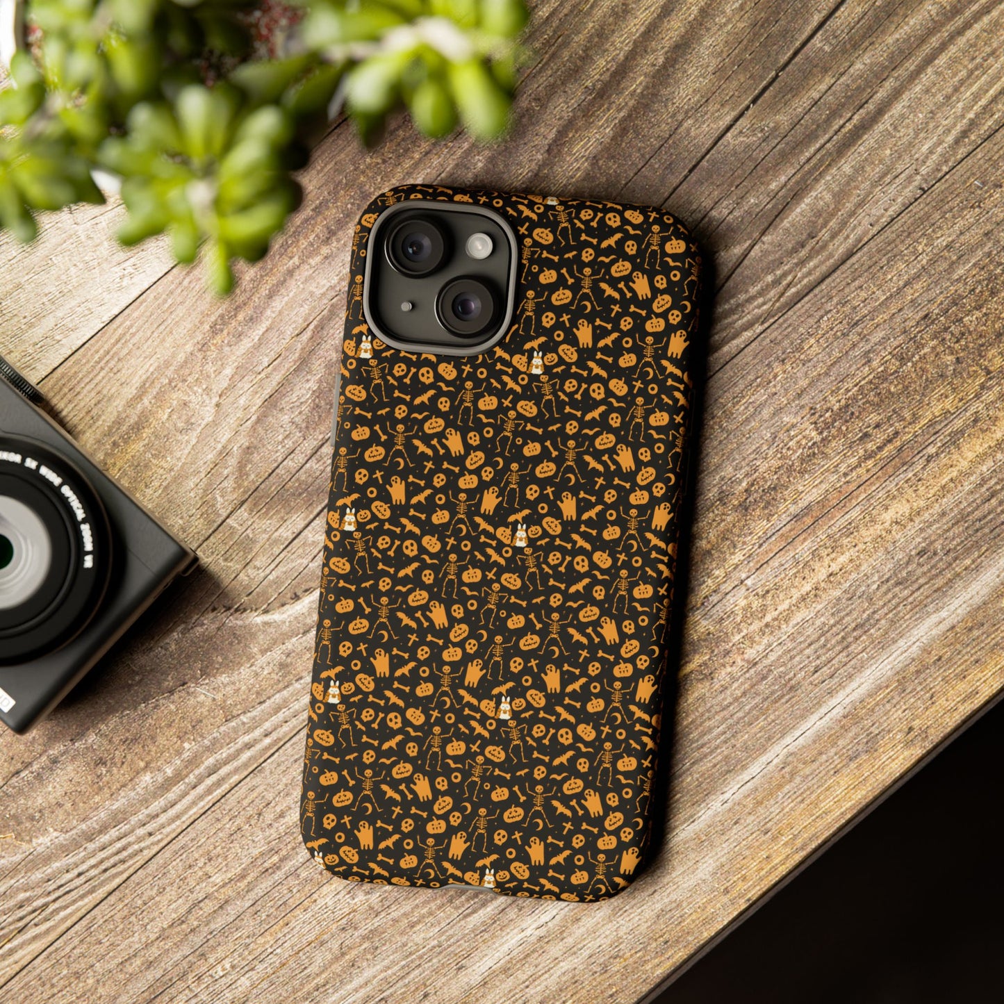 Spooky Icons Halloween Hard Phone Case – Glossy Orange & Black Pumpkin Ghost Pattern, Protective Fall Aesthetic